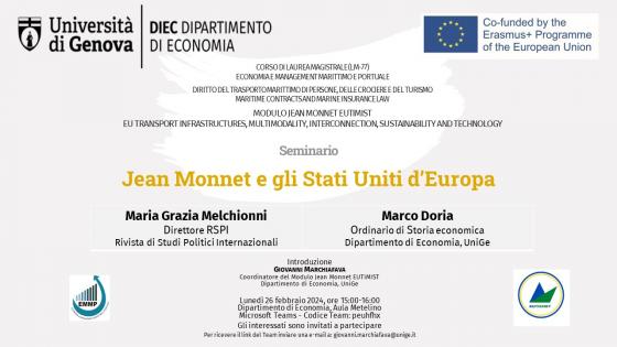 Locandina seminario "Jean Monnet e gli Stati Uniti d'Europa", 26/2/2024, ore 15:00