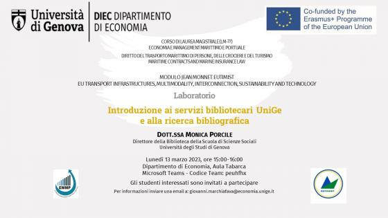 Locandina seminario 13 marzo 2023, ore 15:00, Introduzione ai servizi bibliotecari UniGe e alla ricerca bibliografica