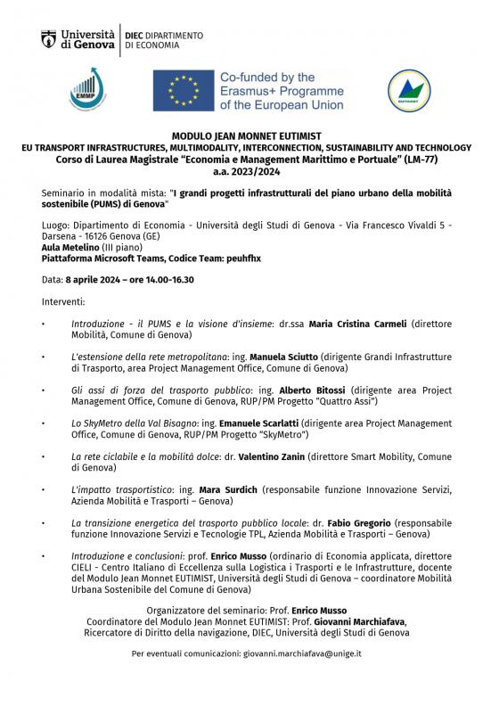 Programma/Locandina seminario 8 aprile 2024 - Modulo Jean Monnet EUTIMIST